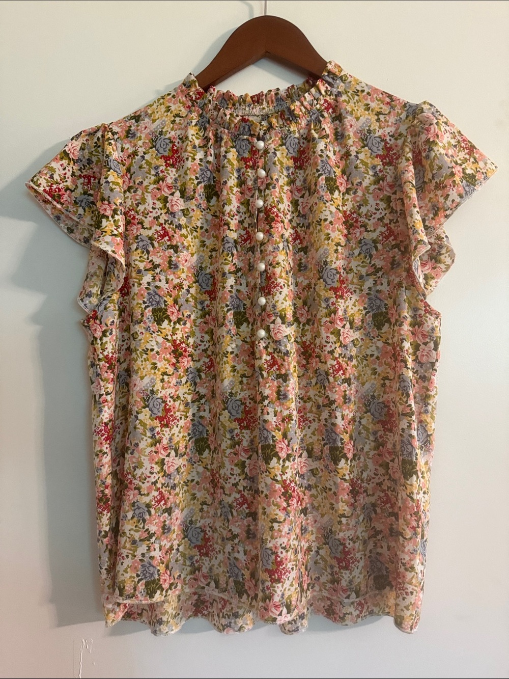 Floral Ruffle Sleeve Button-Front Blouse - Pink Multi